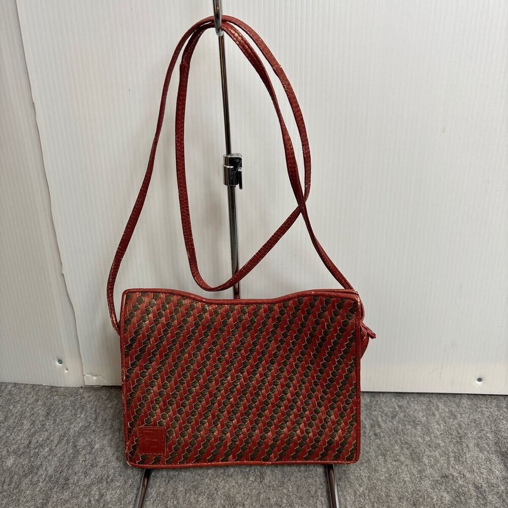 Fendi Shoulder Bag Leather Woven Red Black